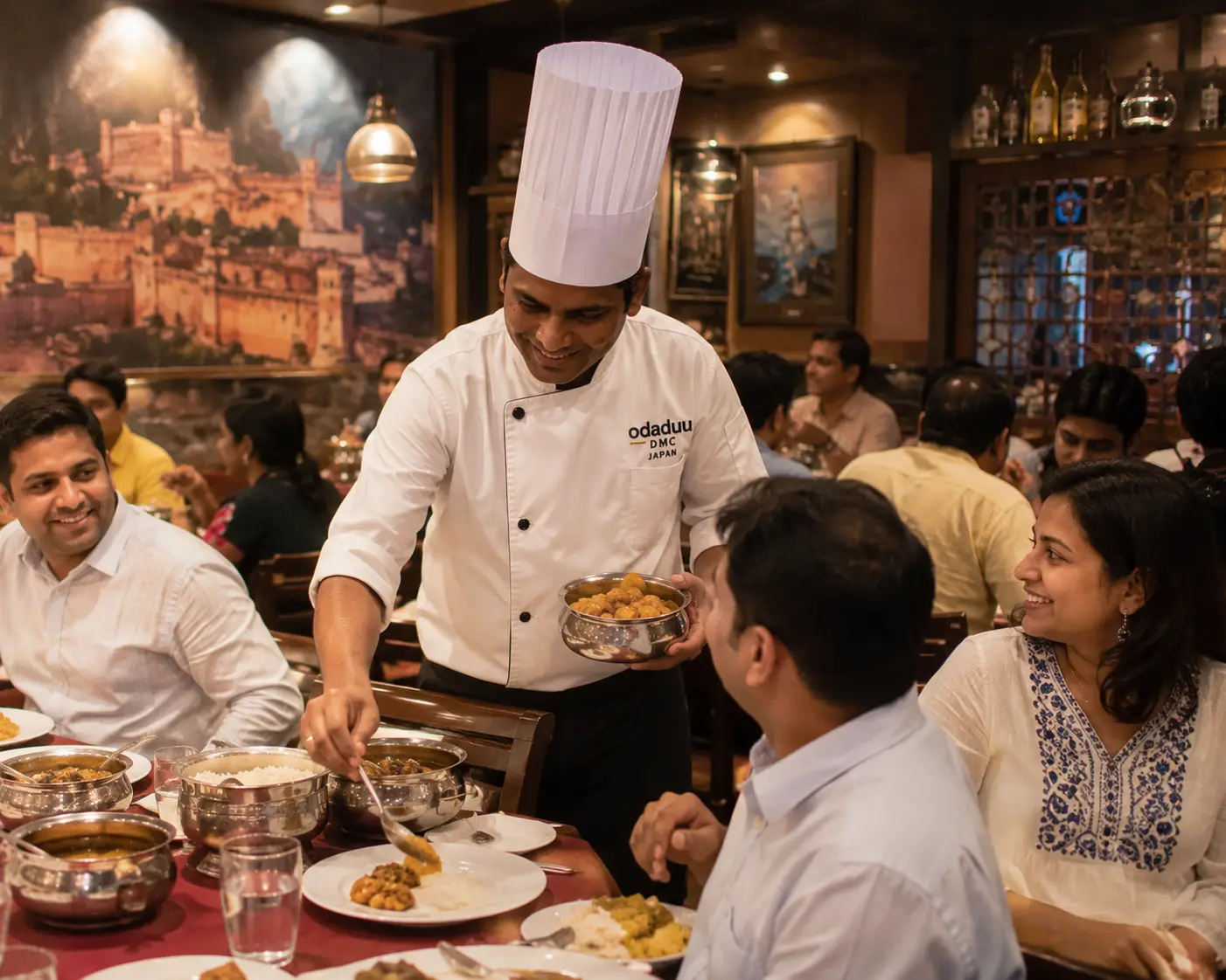 An Odaduu Maharaj Tours chef serving Indian food to guests at dinner